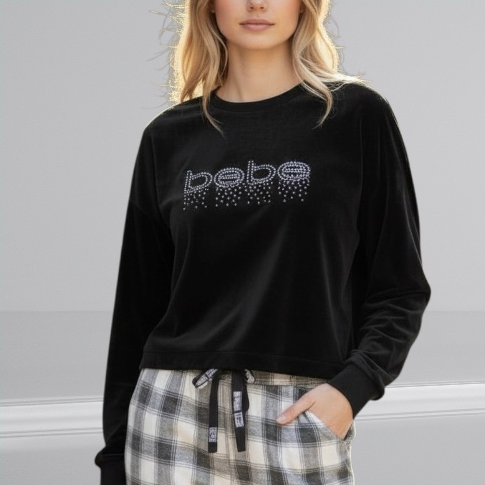 BEBE Black Velour Pajama Top Long Sleeve Rhinestone Logo